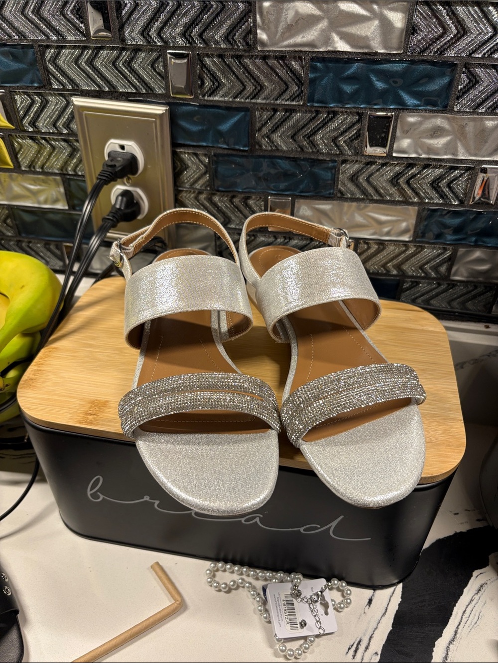Style & Co. Silver Glitter Block Heel Slingback Sandals
